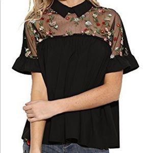Black blouse with sheer floral mesh over shoulders, Size M